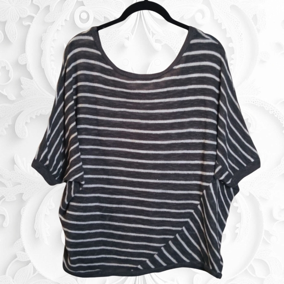 Soprano Grey Loose Knit Semi Sheer Dolman Sleeve Boxy Top With White Stripes - Picture 3 of 3